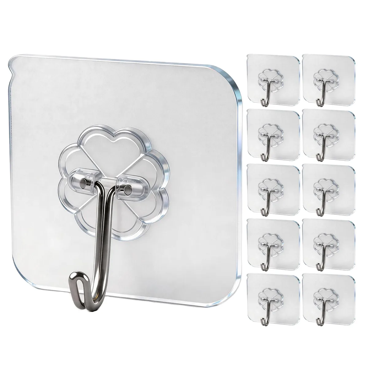 Ten transparent adhesive hooks with stainless steel bases on a white background