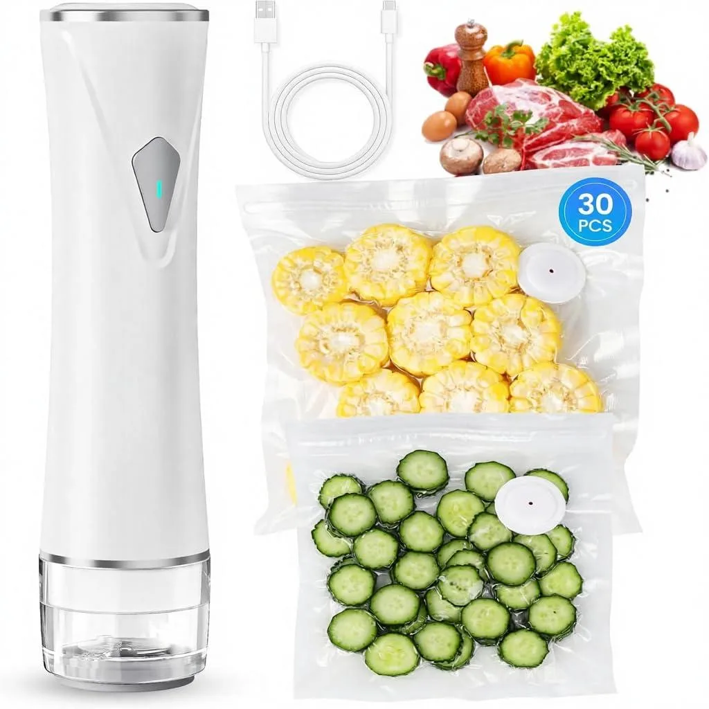  FoodSaver OMEO vacuum sealer with visible tank, 30 bags, white — product photo