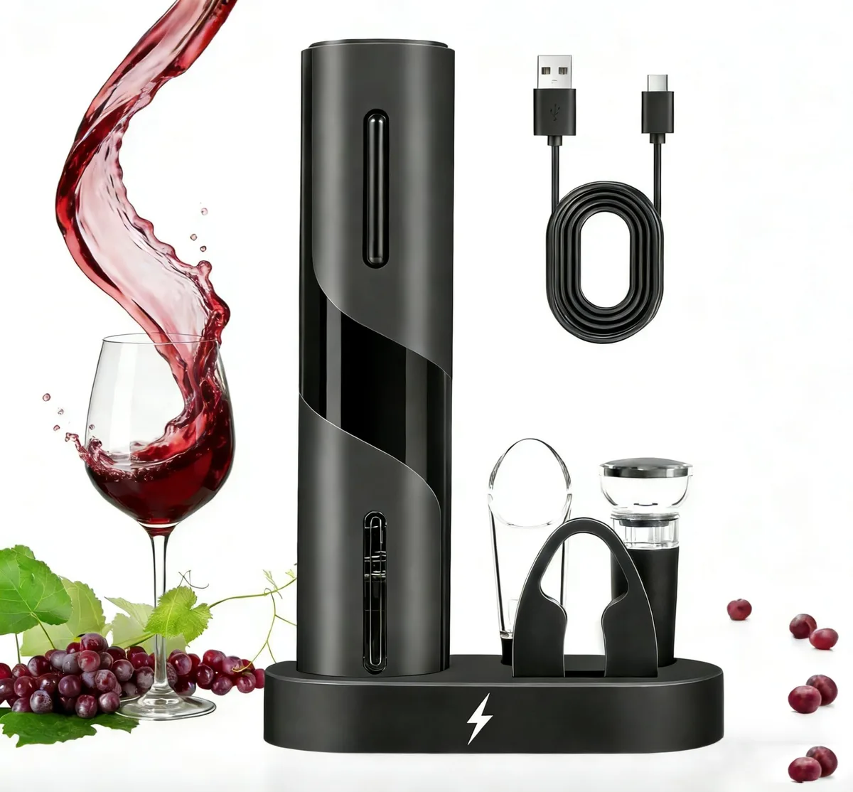 Electric wine opener set in light black finish with charging base and accessories