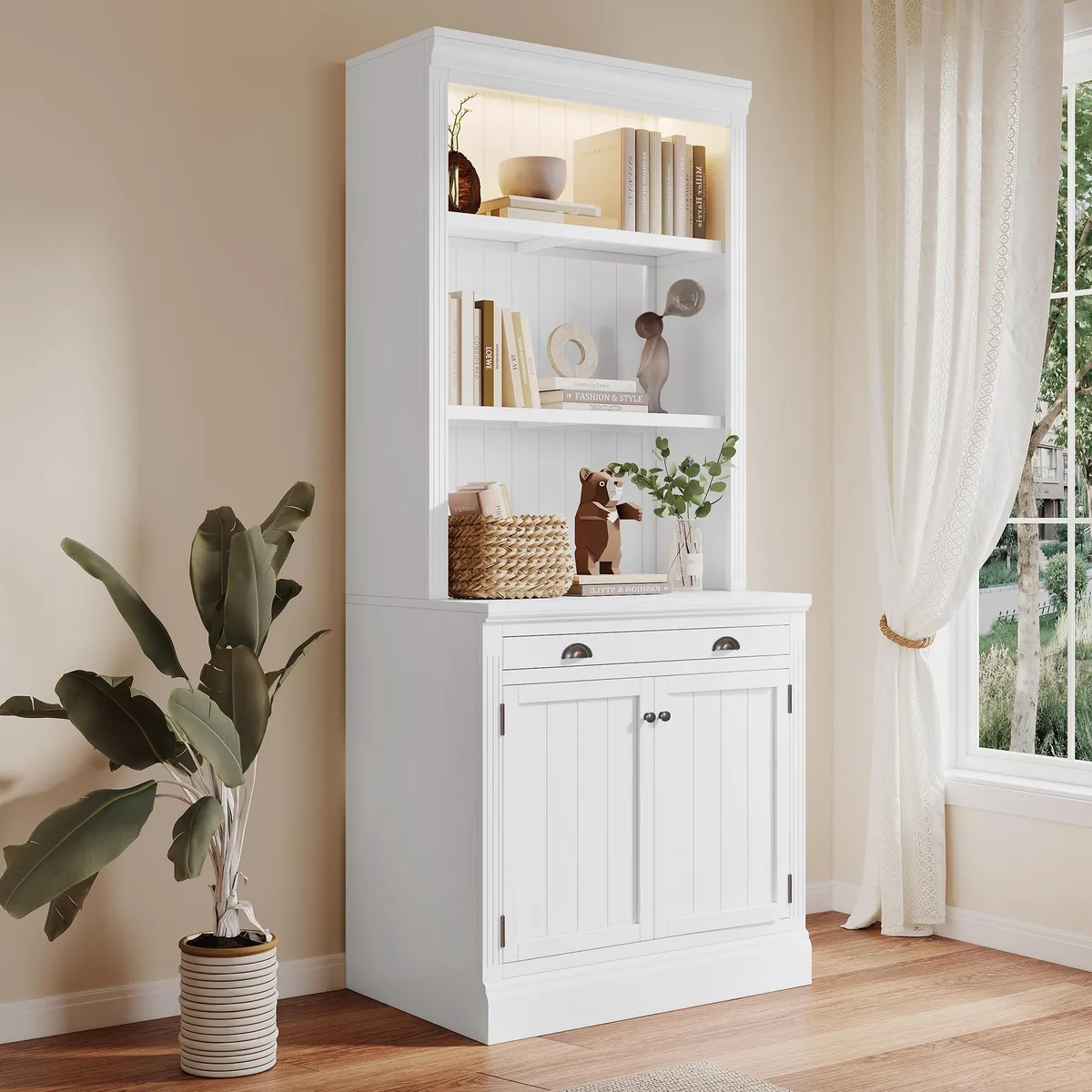 tuphen tuphen 83.4" Tall Bookshelf with LED Lighting, 2 Doors, 1 Drawer, White Decorative Shelving — product photo