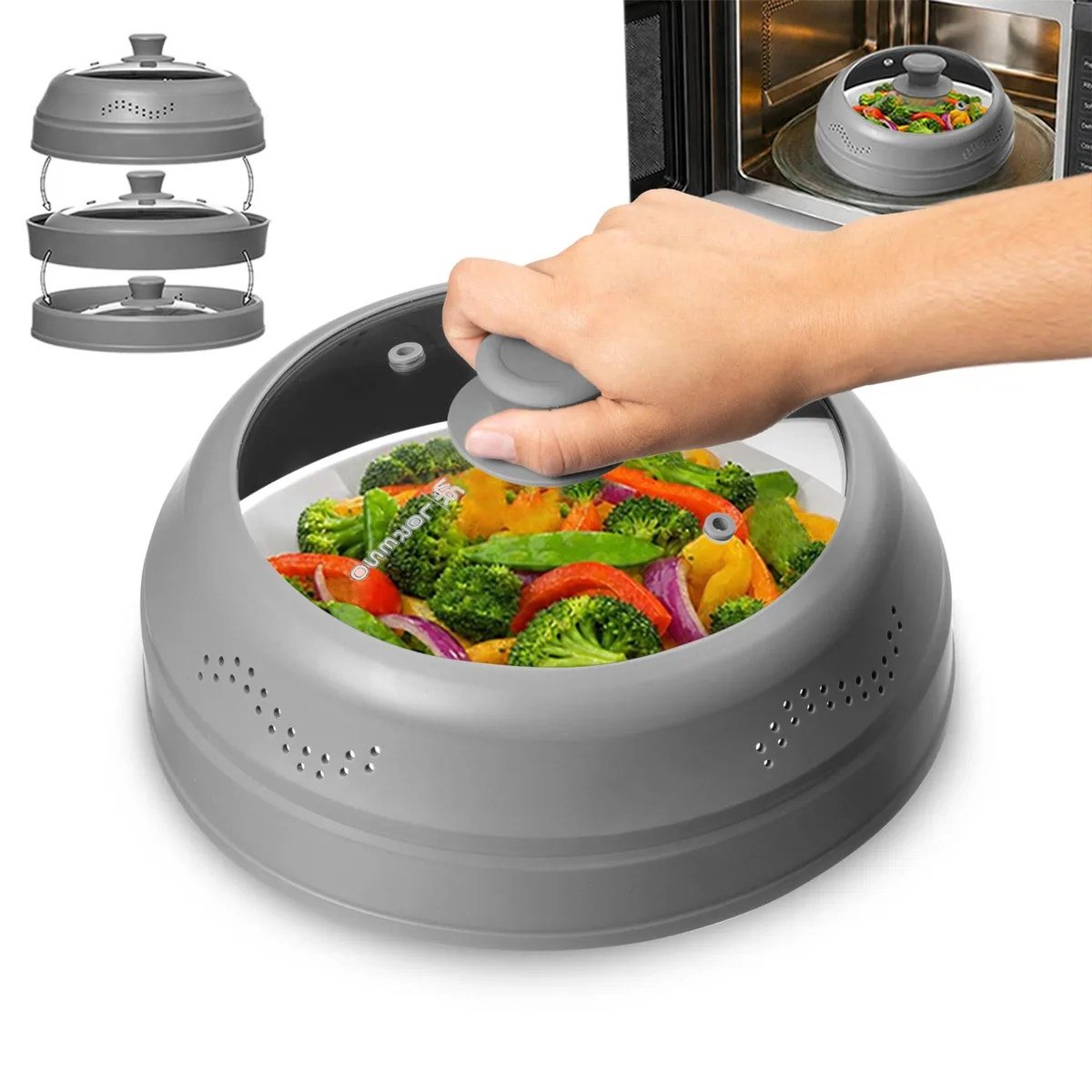 Grey collapsible silicone dome with clear glass top and handle, 11 inches