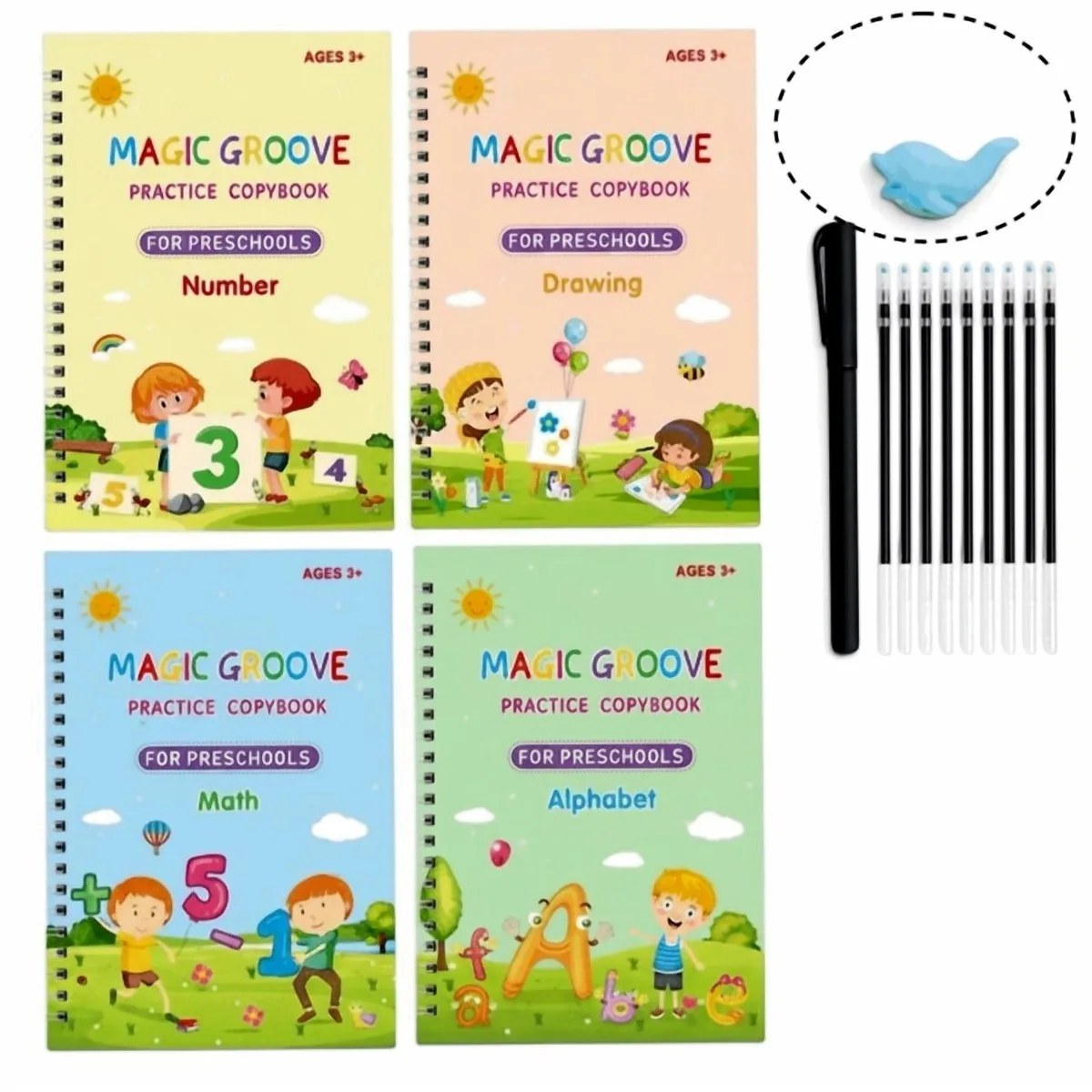 Sixteen-piece grooved copybook set with pen and grip aid, white paper books