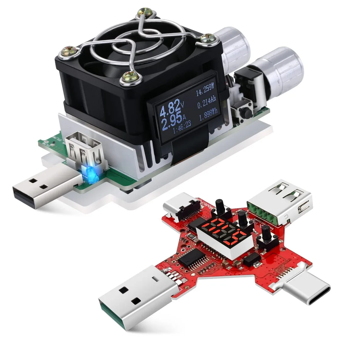 Compact USB load tester with OLED display and dual adjustment knobs