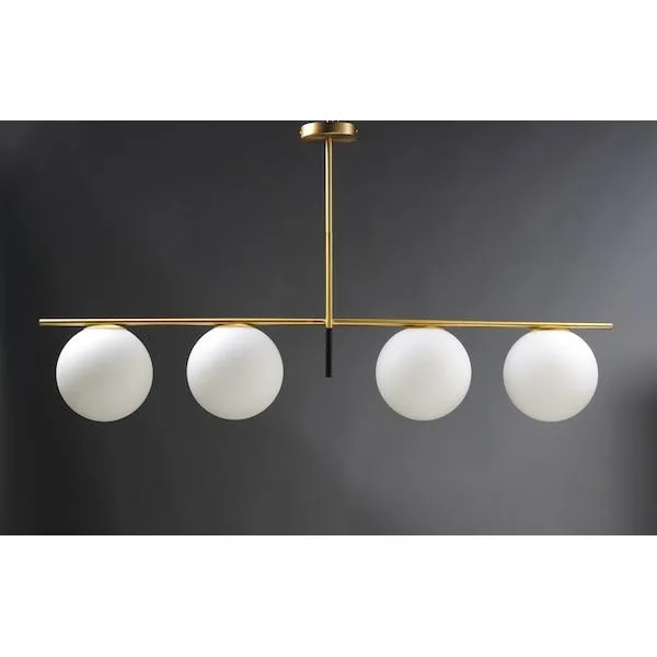Maxim Vesper 4-light pendant, satin brass frame with black accents and white glass globes