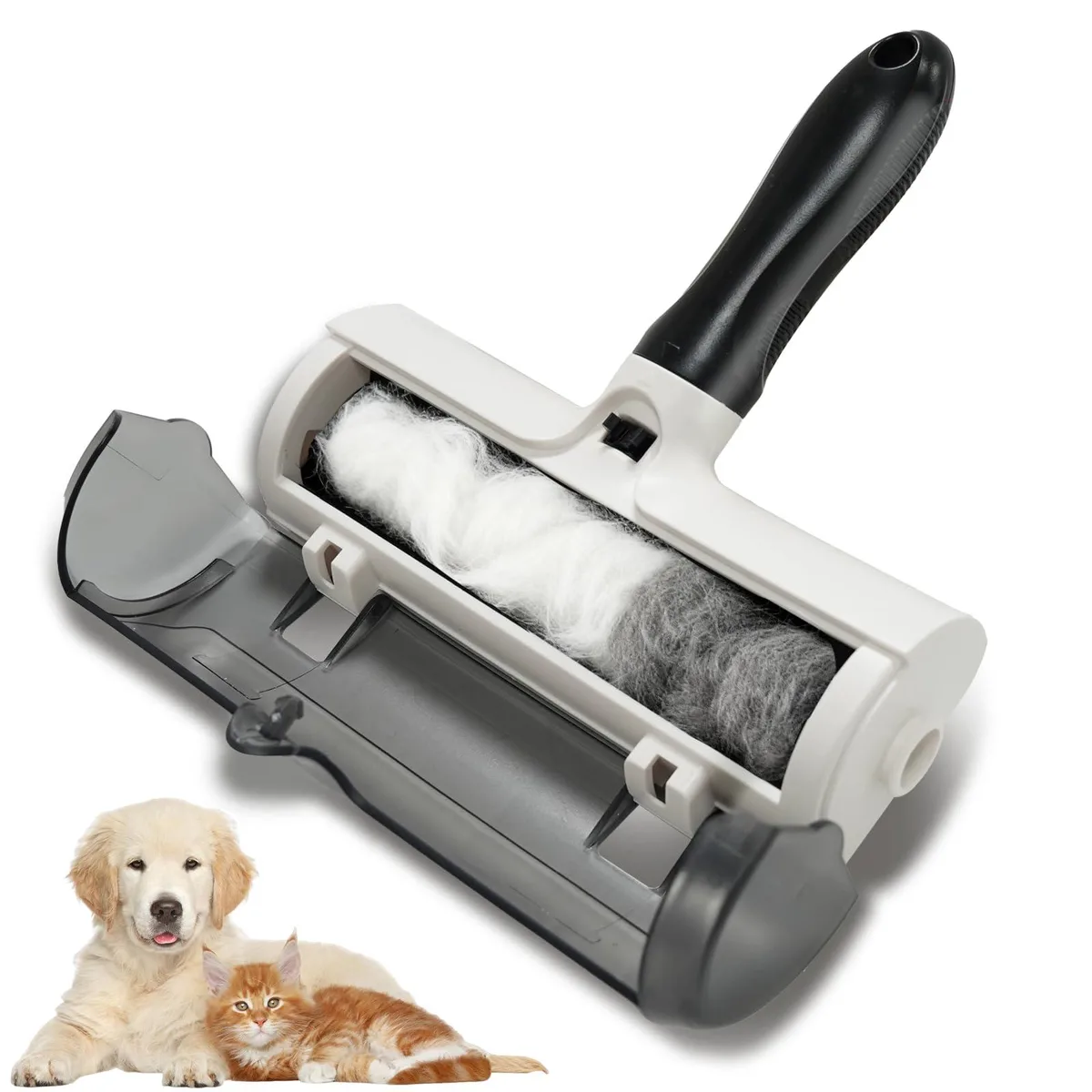 Black handheld pet-hair roller with rubber grip and clear window