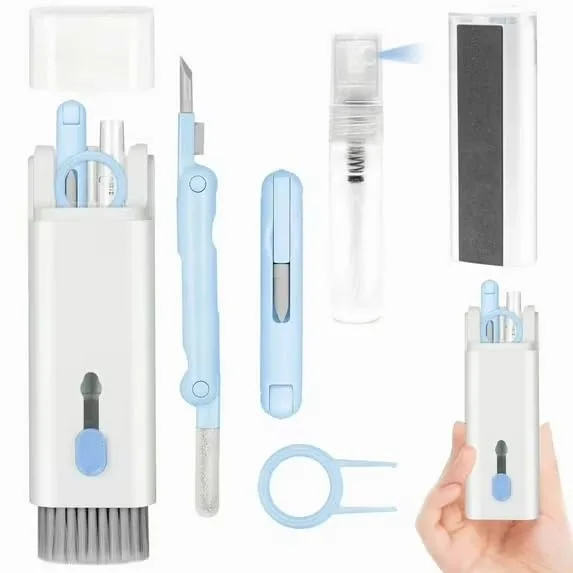 Compact 7-in-1 cleaning kit with brushes, sponge, pen tip and keycap puller