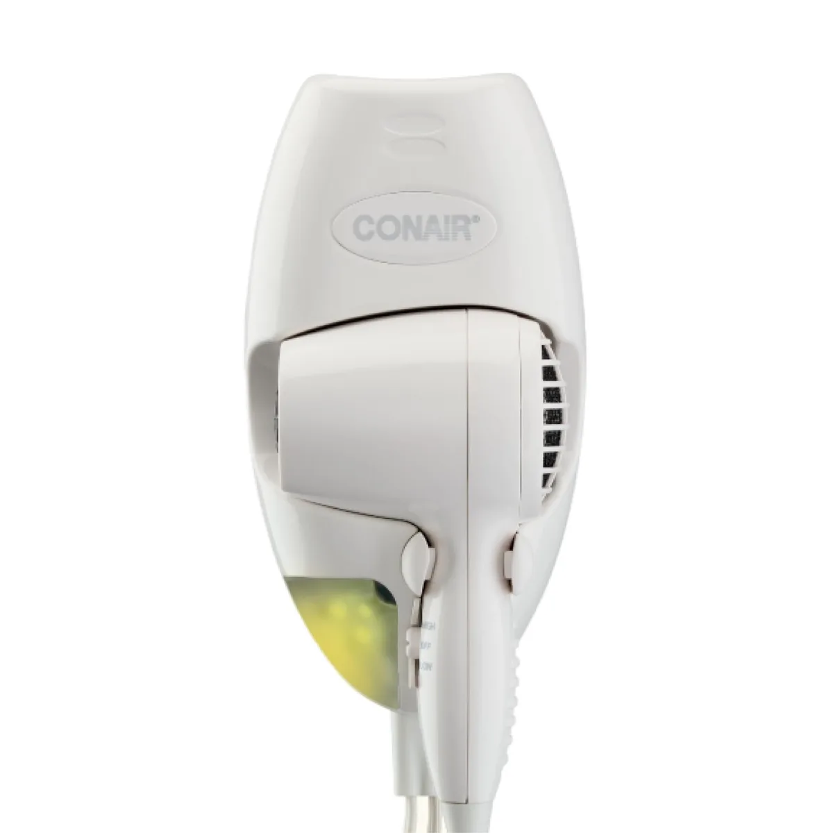 White wall-mounted hair dryer with built-in LED night light and coiled cord
