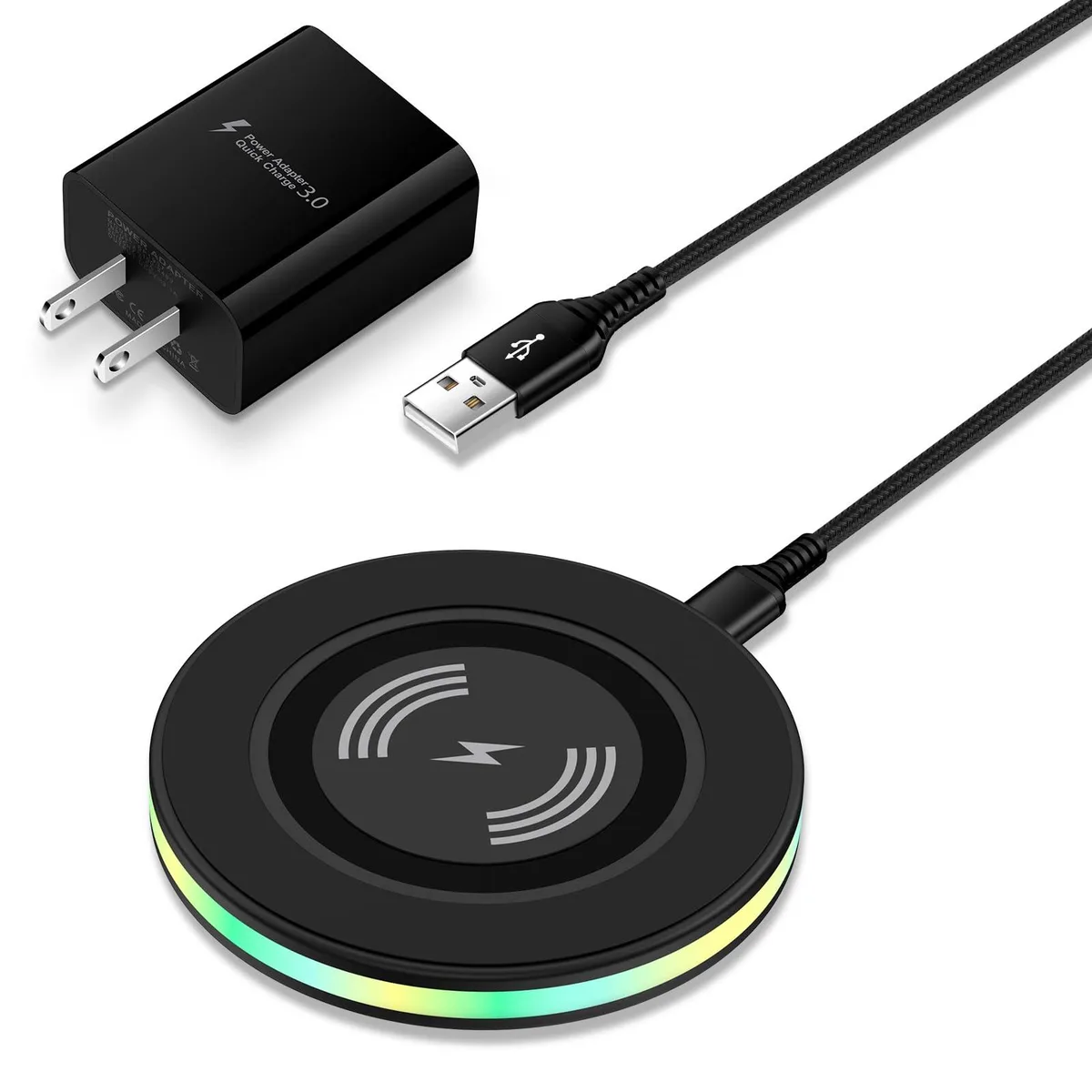 Flecom 15W wireless charging pad with QC3.0 adapter, slim black disc shape