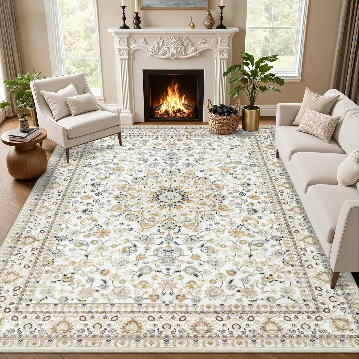 Beige rectangular polyester rug with vintage pattern, 5.4 pounds
