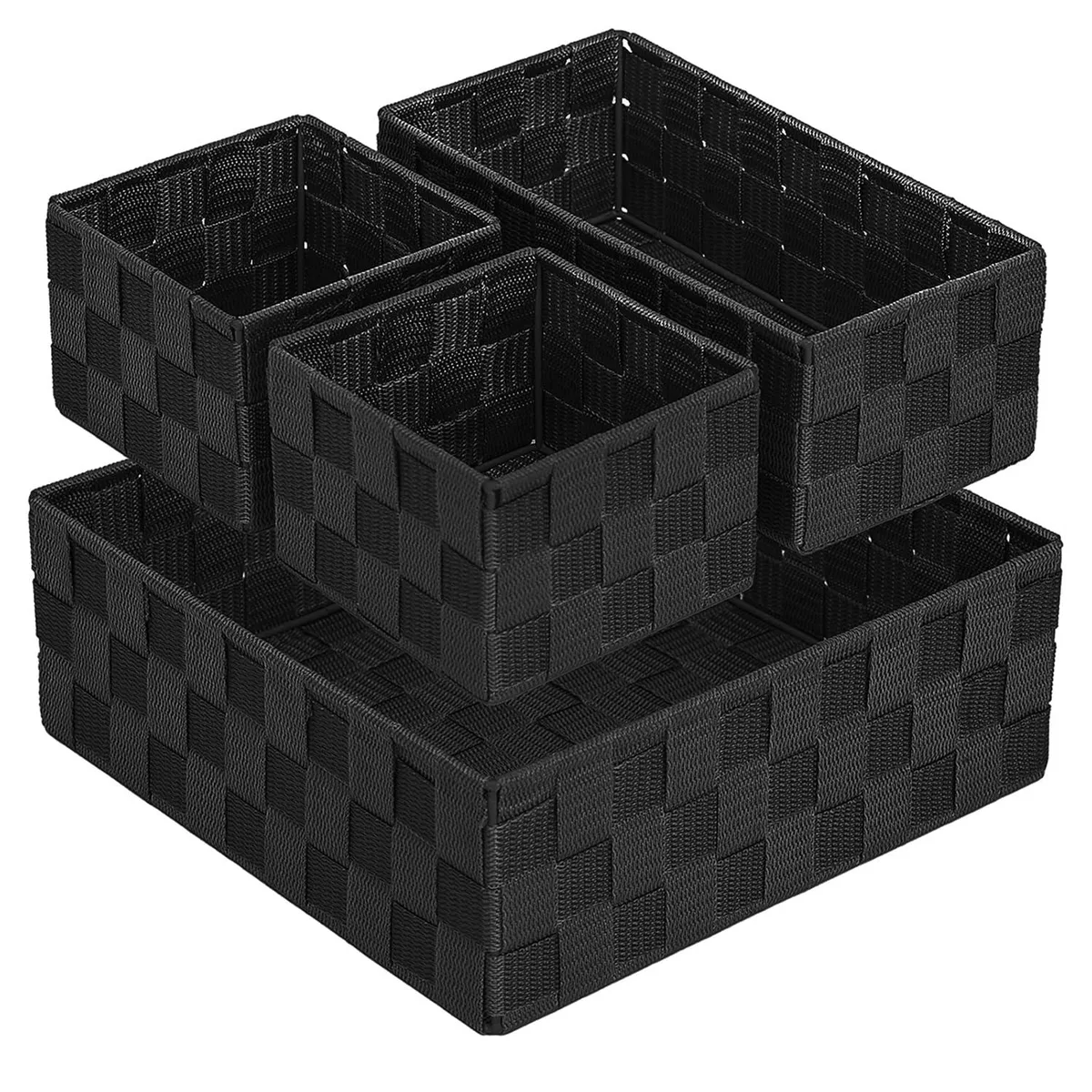 Four black hand-woven storage baskets with metal frames, one large and three small, shown together