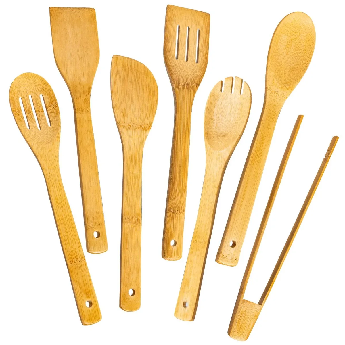 Seven yellow bamboo cooking utensils with squared edges and hanging holes