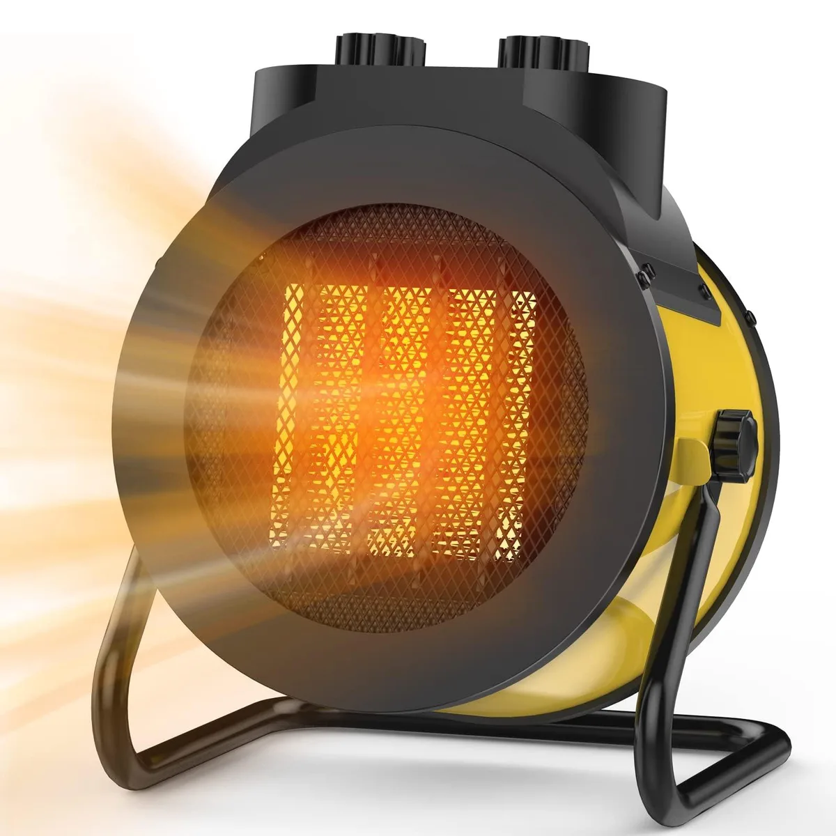 Yellow portable ceramic heater with 90-degree oscillation, carry handle and control dials