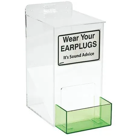 Clear acrylic ear plug dispenser with hinged lid, tabletop or wall mount, 13 inches high