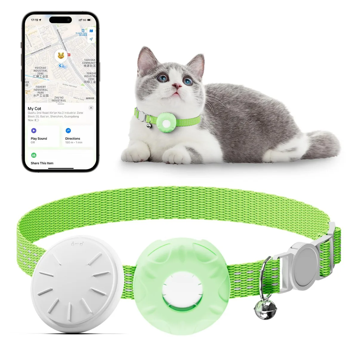 Small light green plastic GPS tracker on elastic cat collar