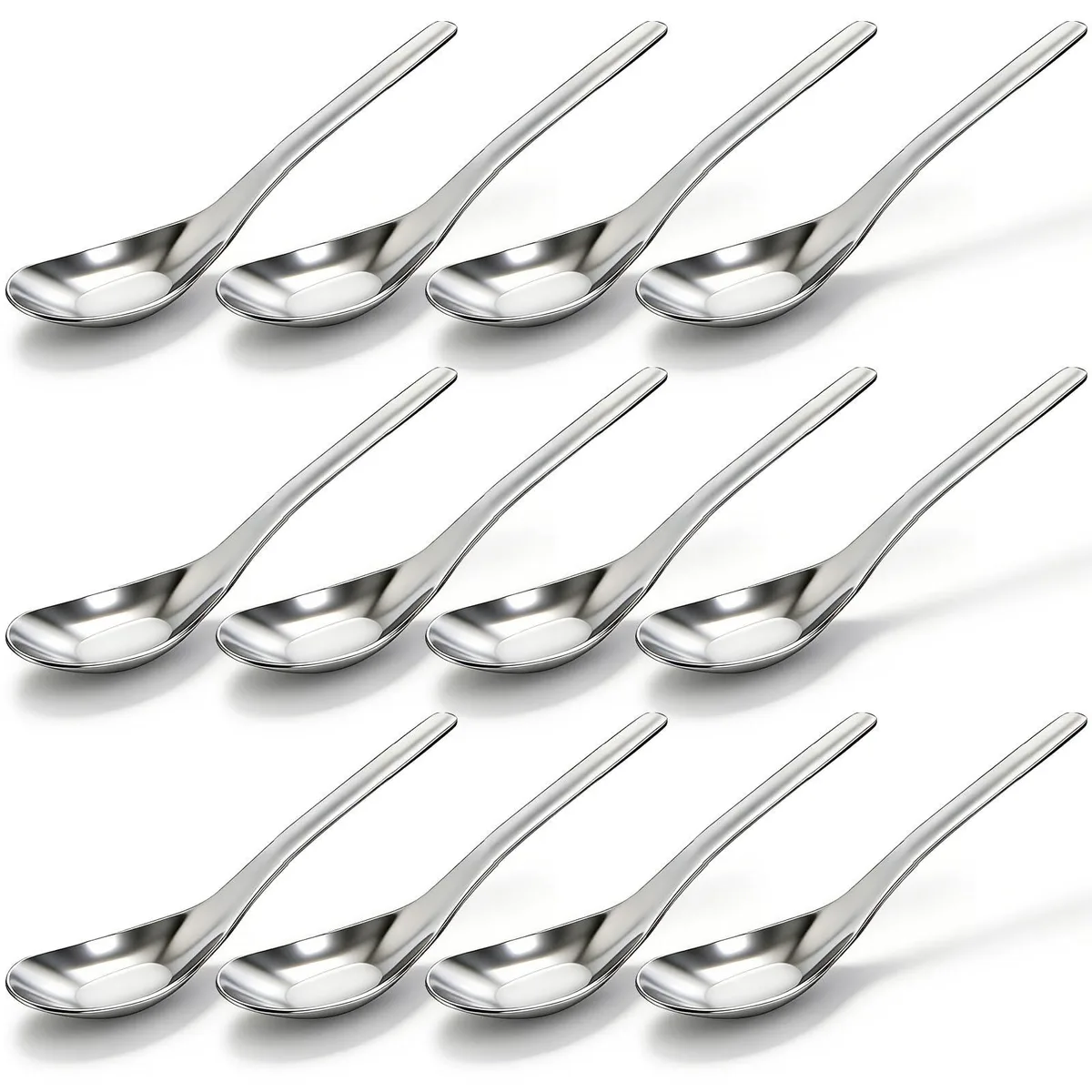 Twelve silver stainless steel soup spoons with mirror finish and ergonomic handles