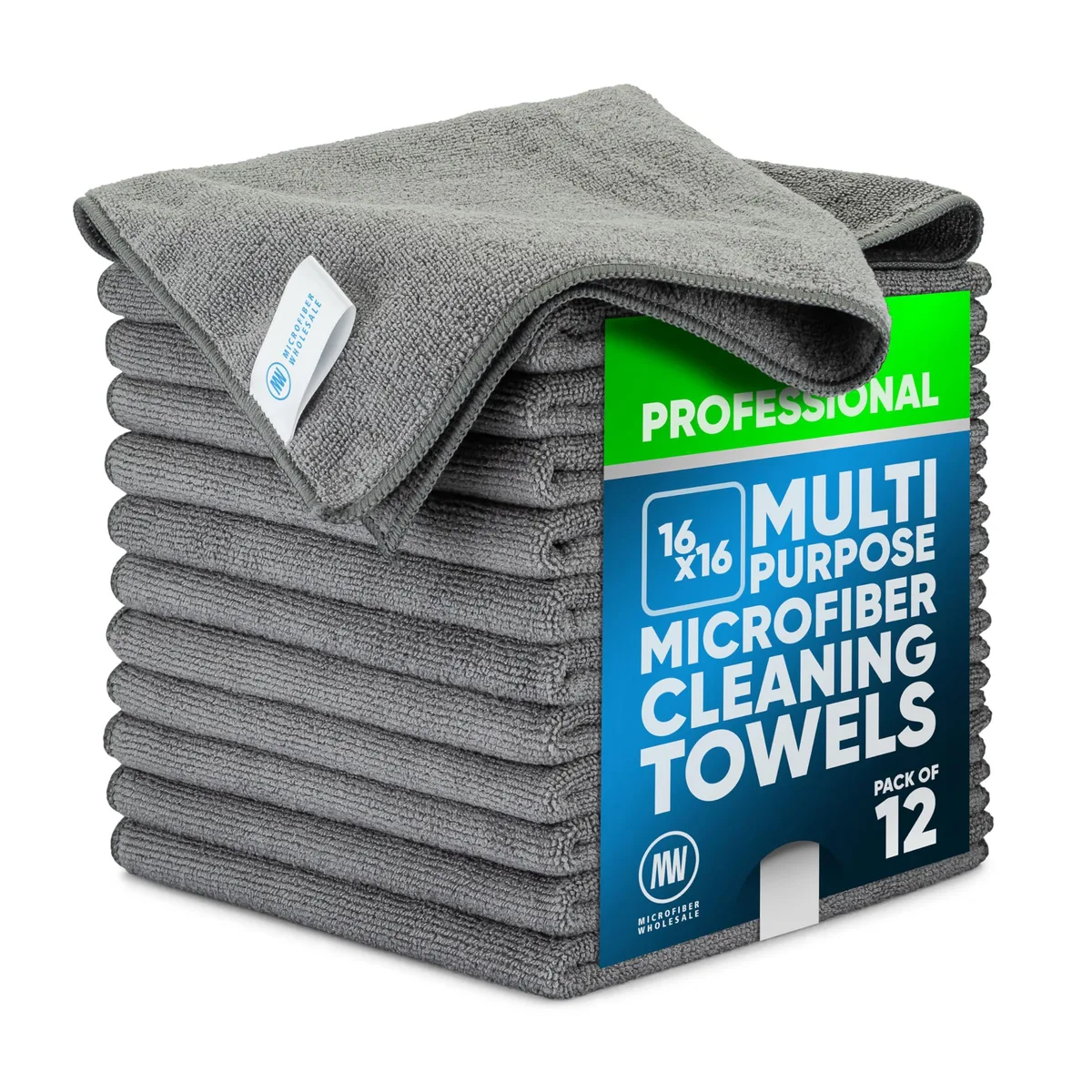 Twelve gray microfiber cloths, each 16 by 16 inches, stacked in a pack