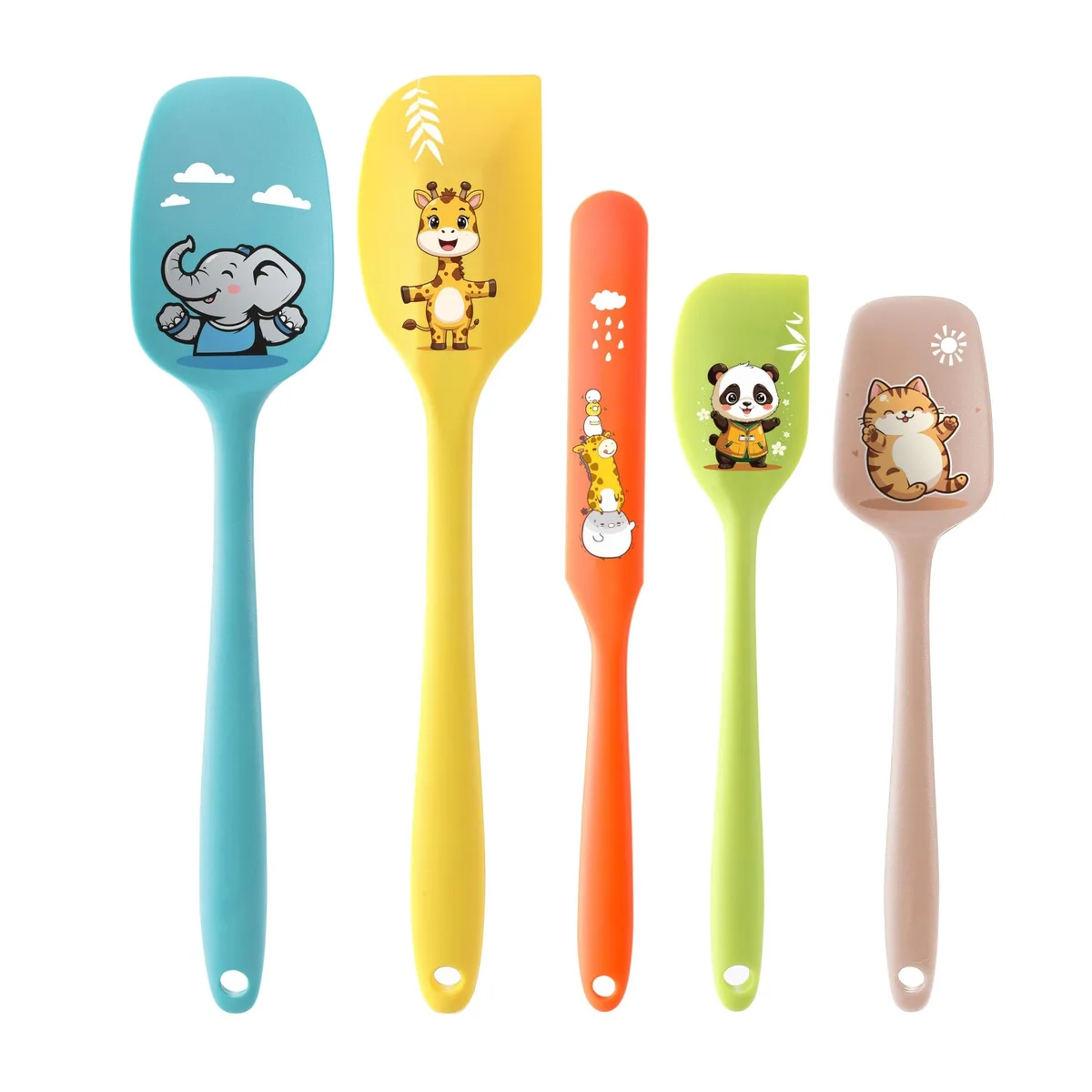 Five 10.5-inch silicone spatulas with colourful animal illustrations