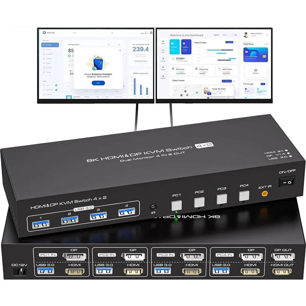 ESTONE ESTONE SW245-1DP1HD 8K KVM Switch 4 Computers 2 Monitors — product photo