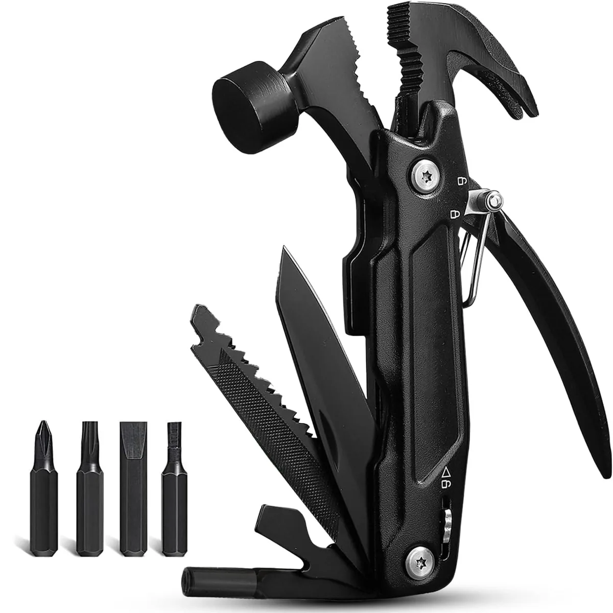 Black 14-in-1 hammer multitool pliers with nylon handle and sheath
