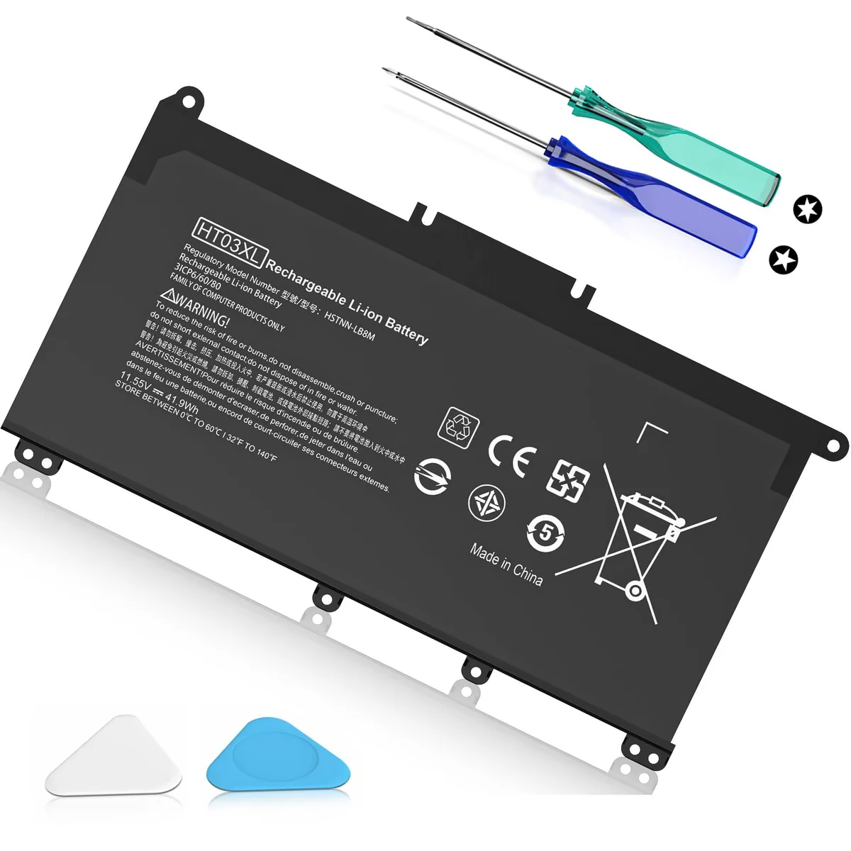 Rectangular black laptop battery with connector pins and label visible