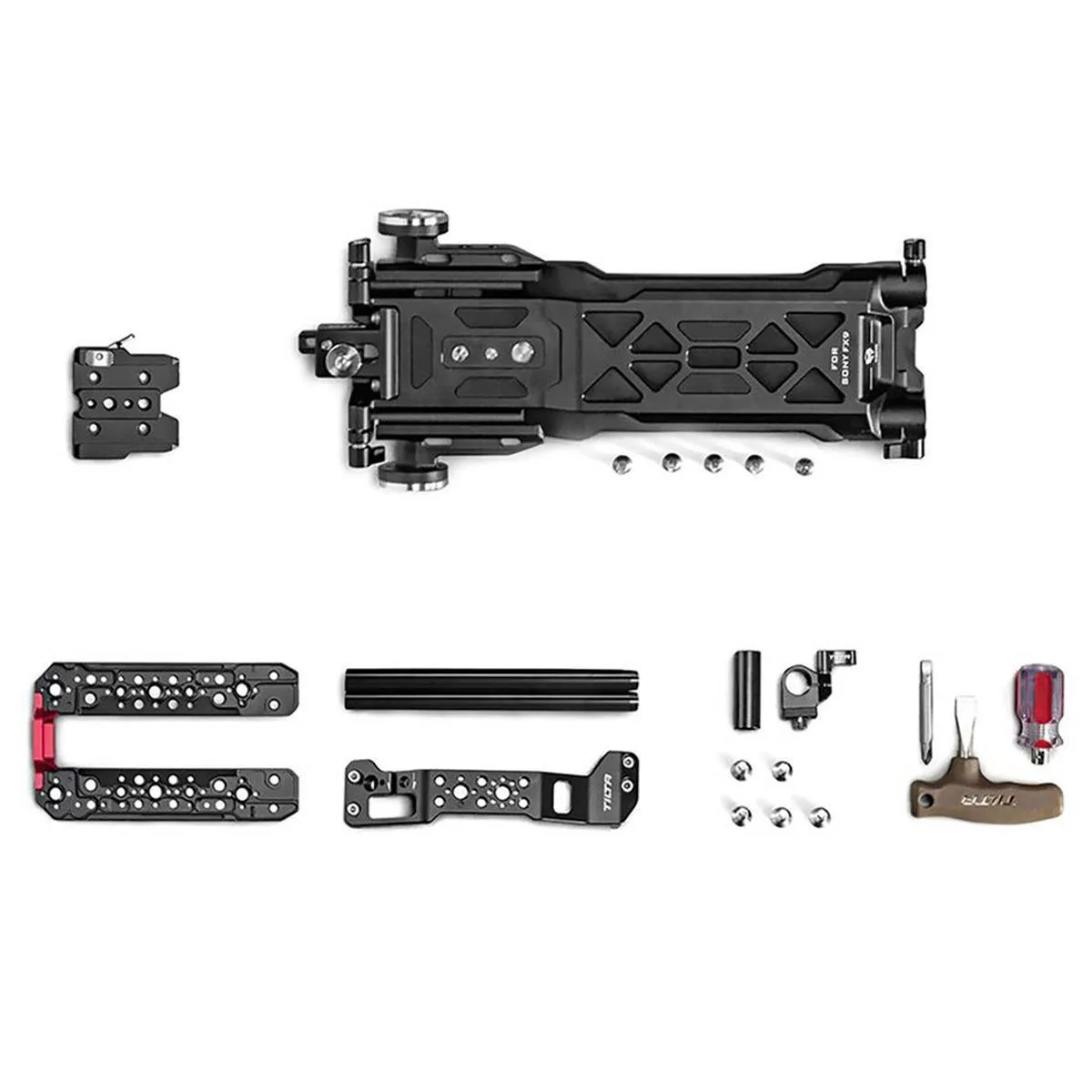 Black aluminum camera cage for Sony PXW-FX9 with top plate, side plate and baseplate