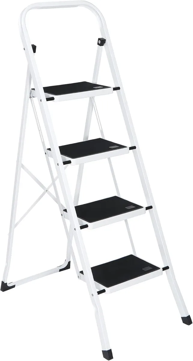 Grey powder-coated steel four-step folding ladder with wide anti-slip pedals and top handle, shown open at 52 inches high