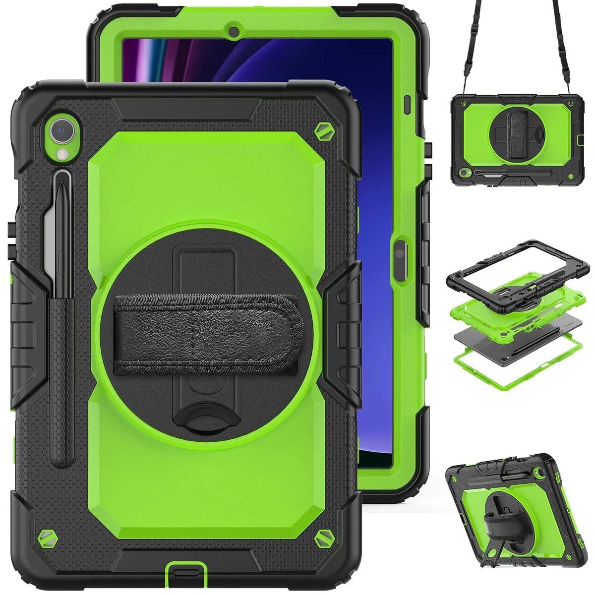 Green protective tablet case with 360° rotatable kickstand, hand strap and detachable shoulder strap