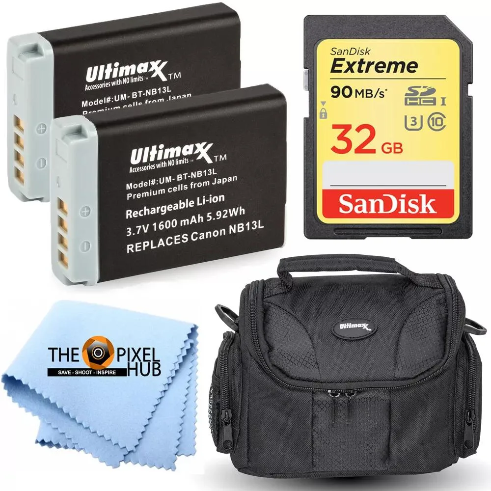 Ultimaxx Ultimaxx NB-13L 1600mAh Battery Kit (2) with 32GB 90MB/s SD Card, Bag, Cloth — product photo