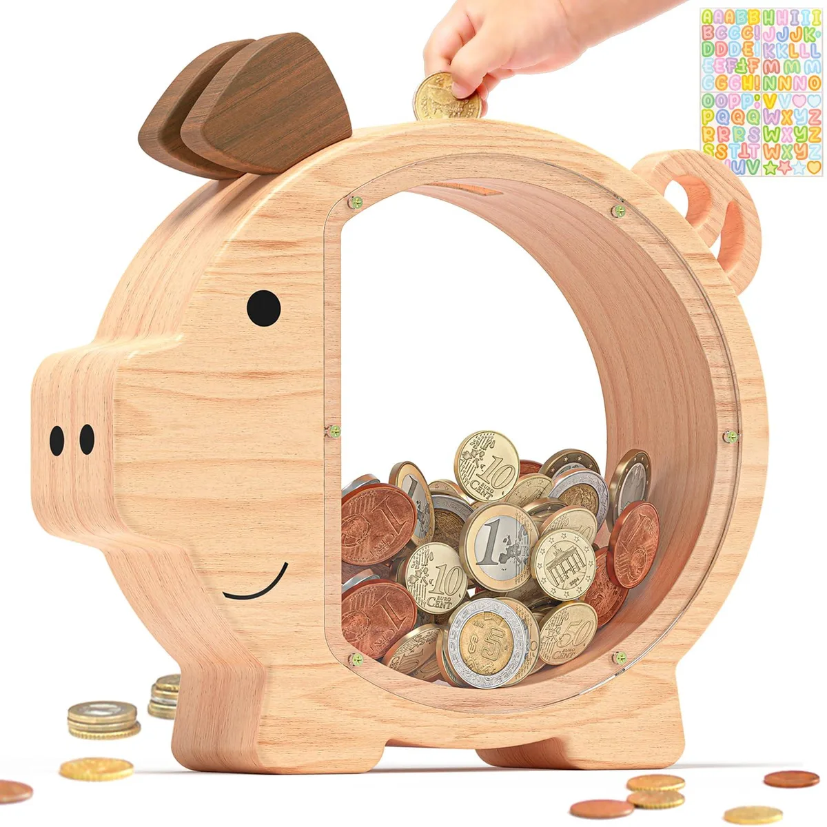 Summidate Wooden Piggy Bank 9.5 in Clear Acrylic Toy Storage — product photo
