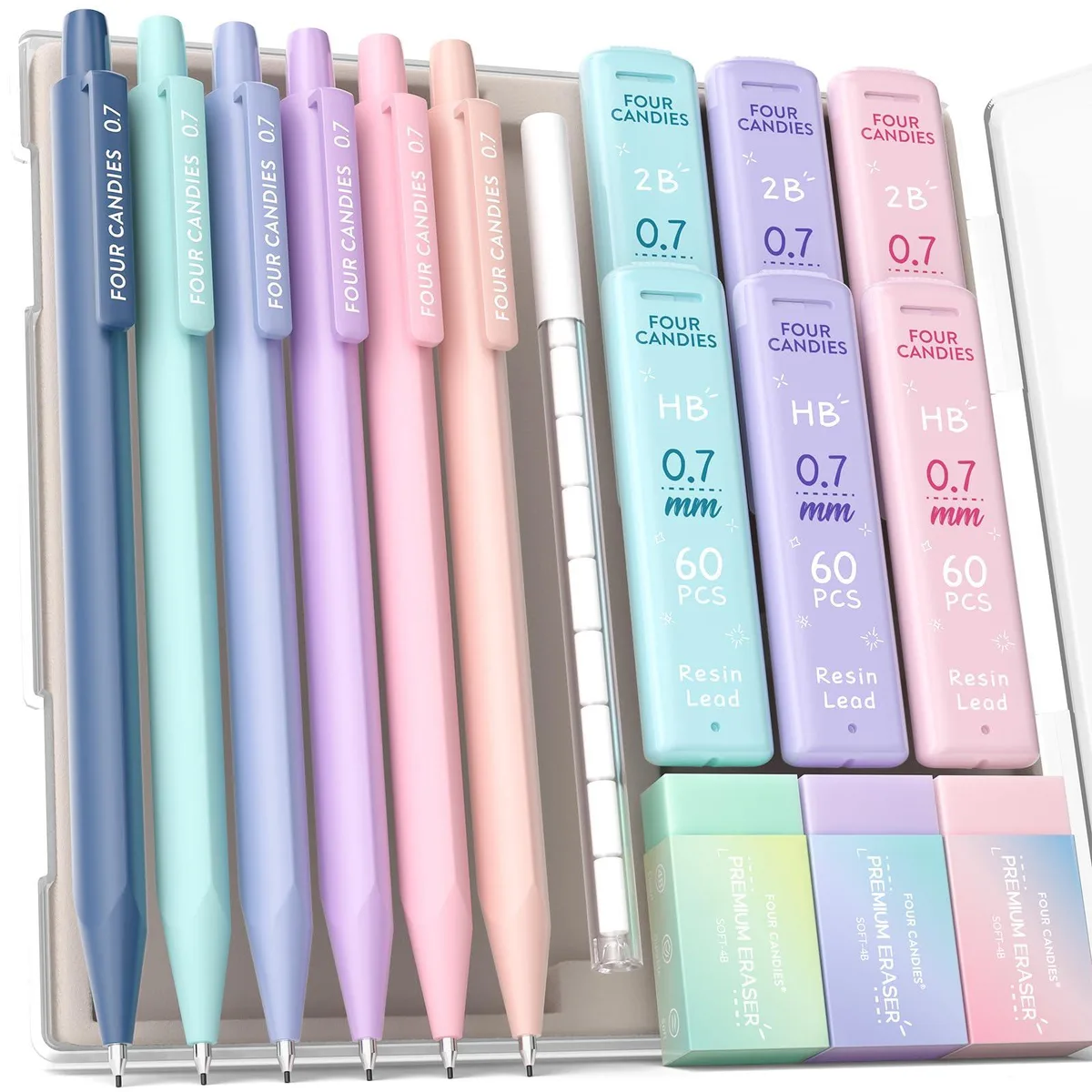Six pastel mechanical pencils with triangular grips and a storage case