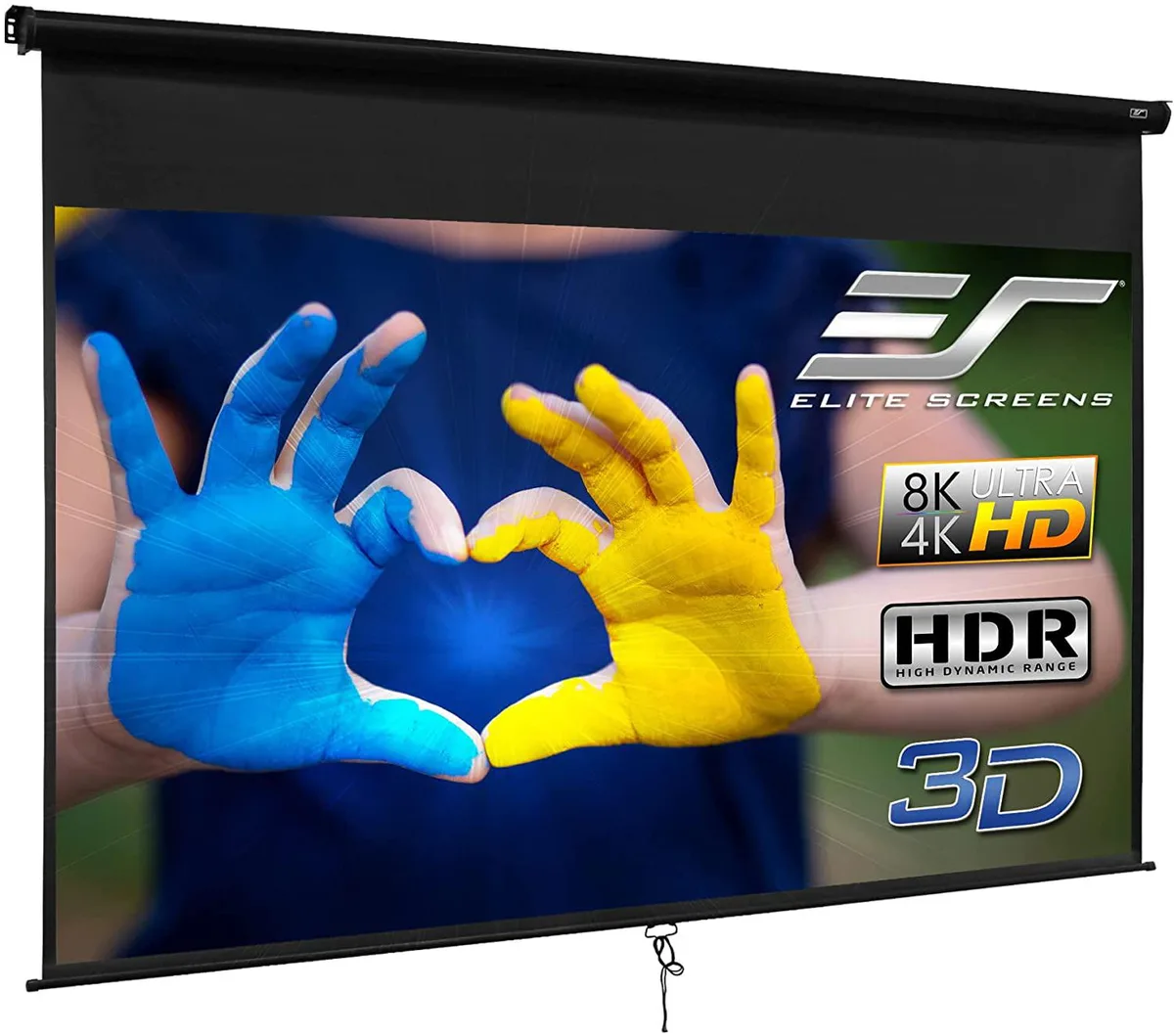 White manual pull-down projector screen in black case, 110 inch diagonal, 16:9 aspect ratio