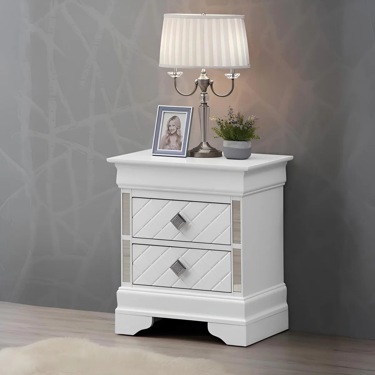 Champagne-finish nightstand with two drawers, 24H x 21W x 16D inches