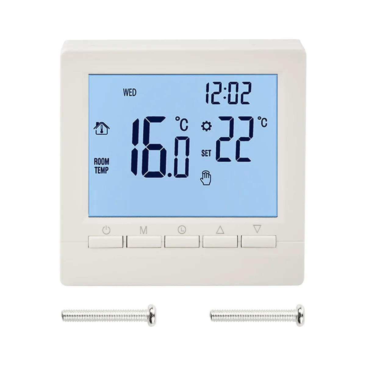 White wall-mounted thermostat with LCD screen and rotary knob
