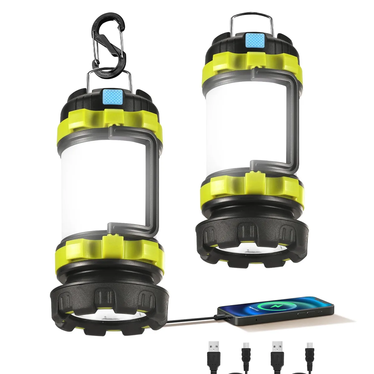 Two black cylindrical flashlights with side panels and carry handles, shown as a pair