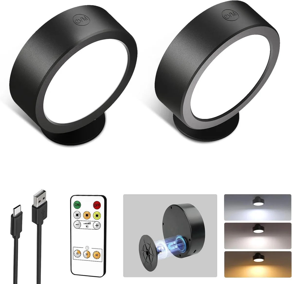 Two black square LED wall sconces with magnetic bases and remote control