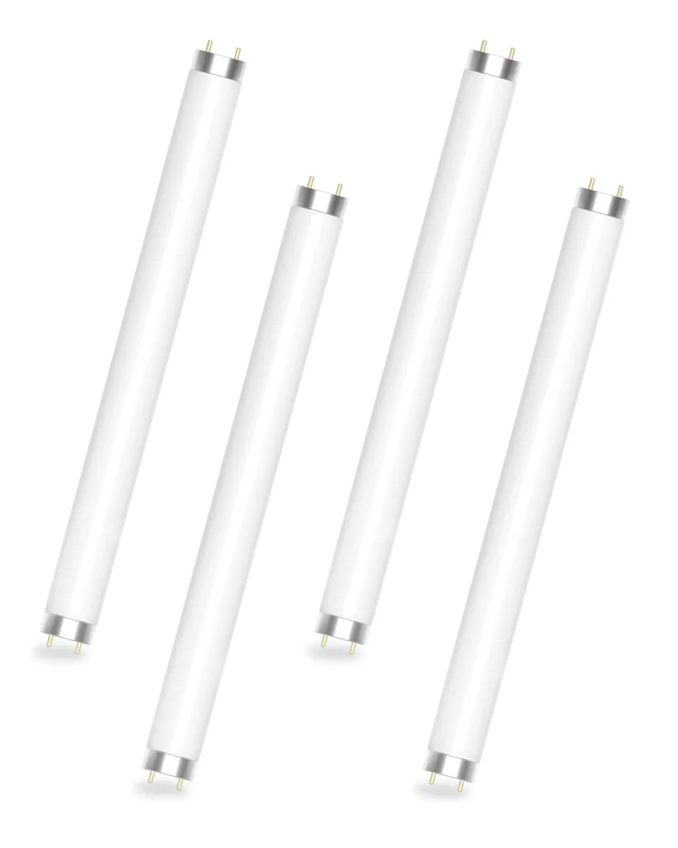 Four straight T8 fluorescent tubes in a clear sleeve, 10 watt two-pin base, cool white finish