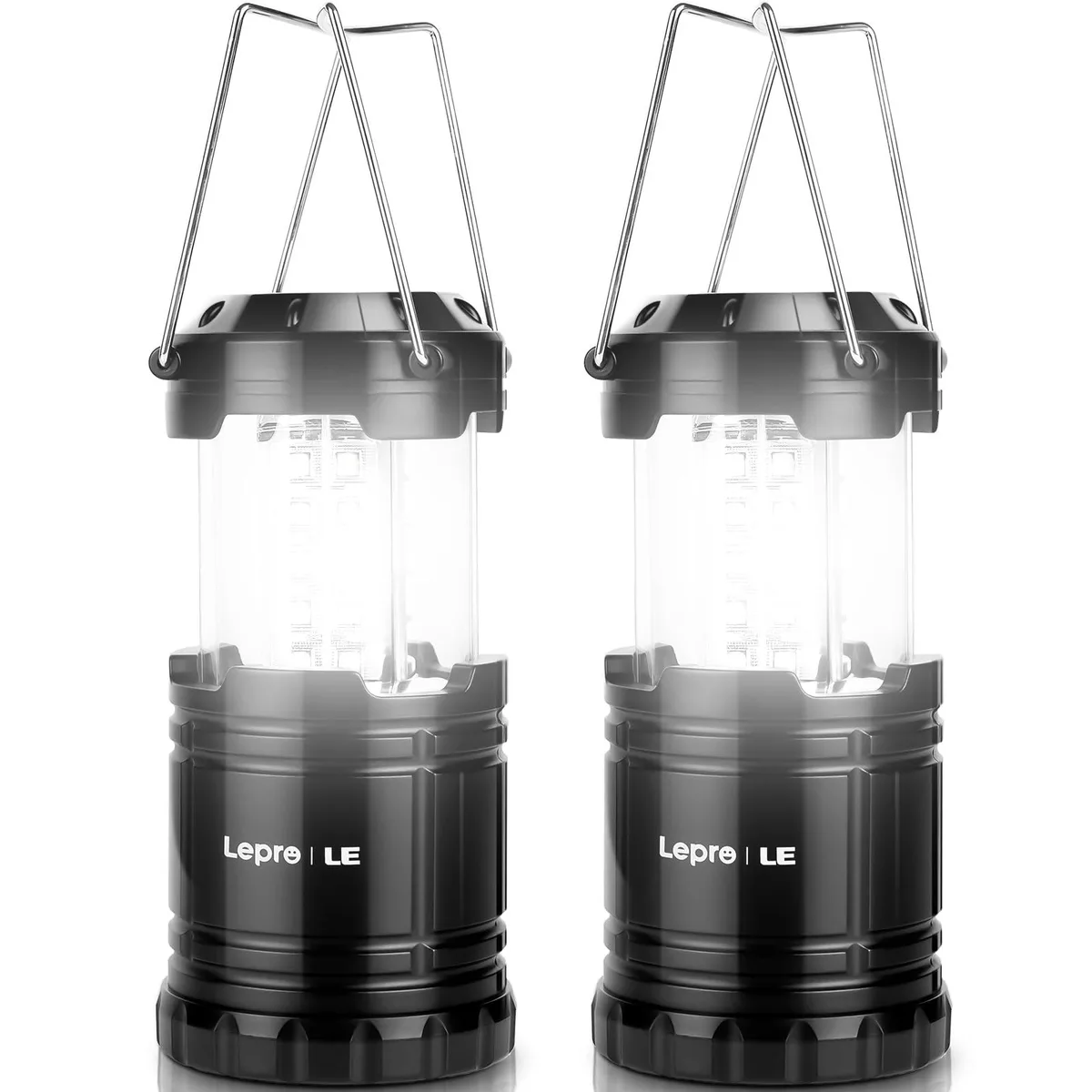 Two black collapsible LED lanterns, folded flat, IPX4 rated