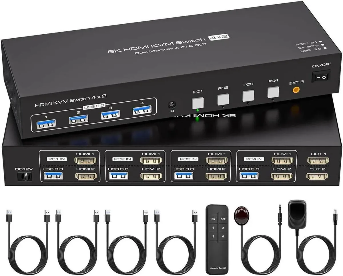 Vszerda Vszerda Dual Monitor HDMI KVM Switch 4 Port 8K@60Hz 4K@120Hz 4 USB 3.0 — product photo