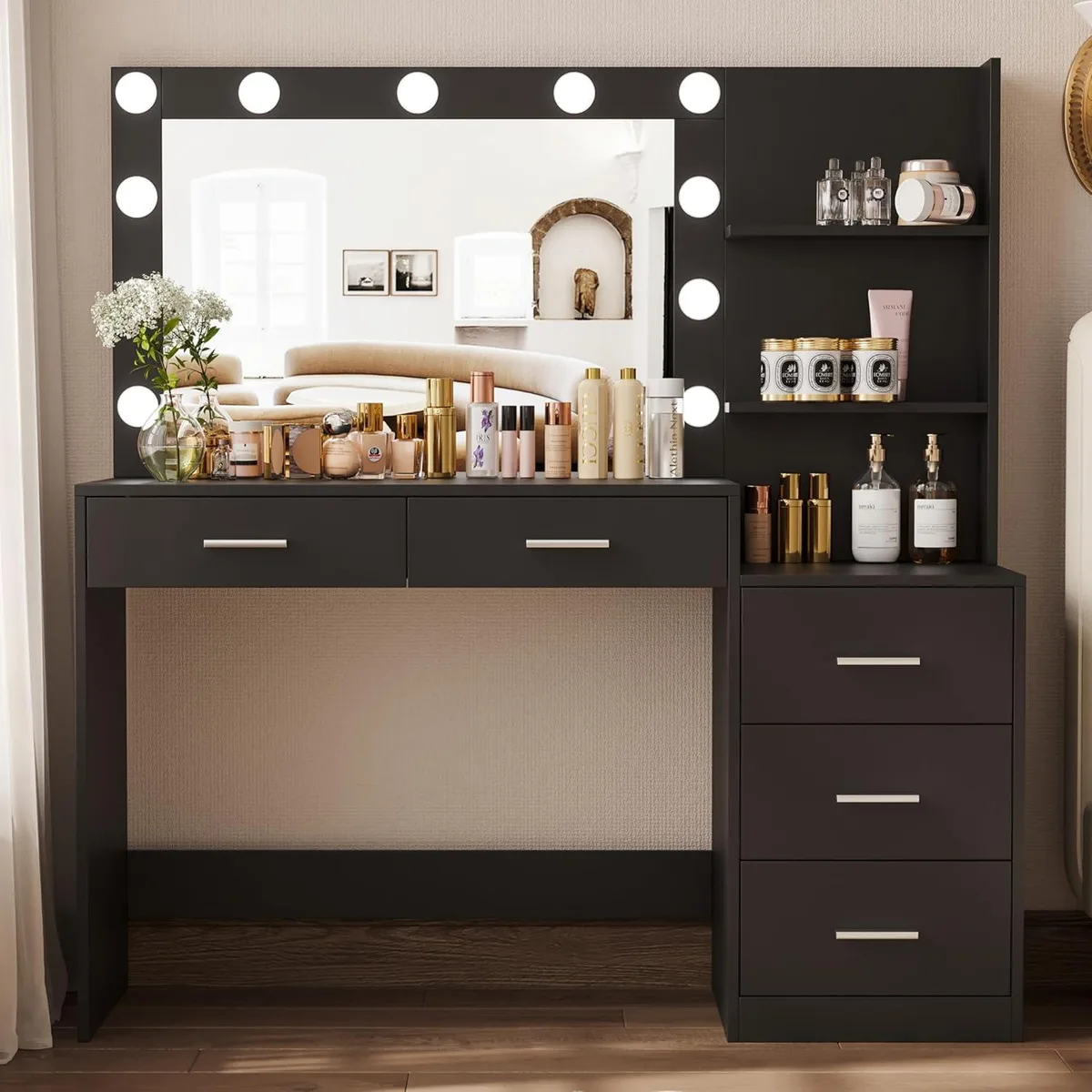 Black vanity table with lighted mirror, five drawers, three-tier shelf, 11 LED lights