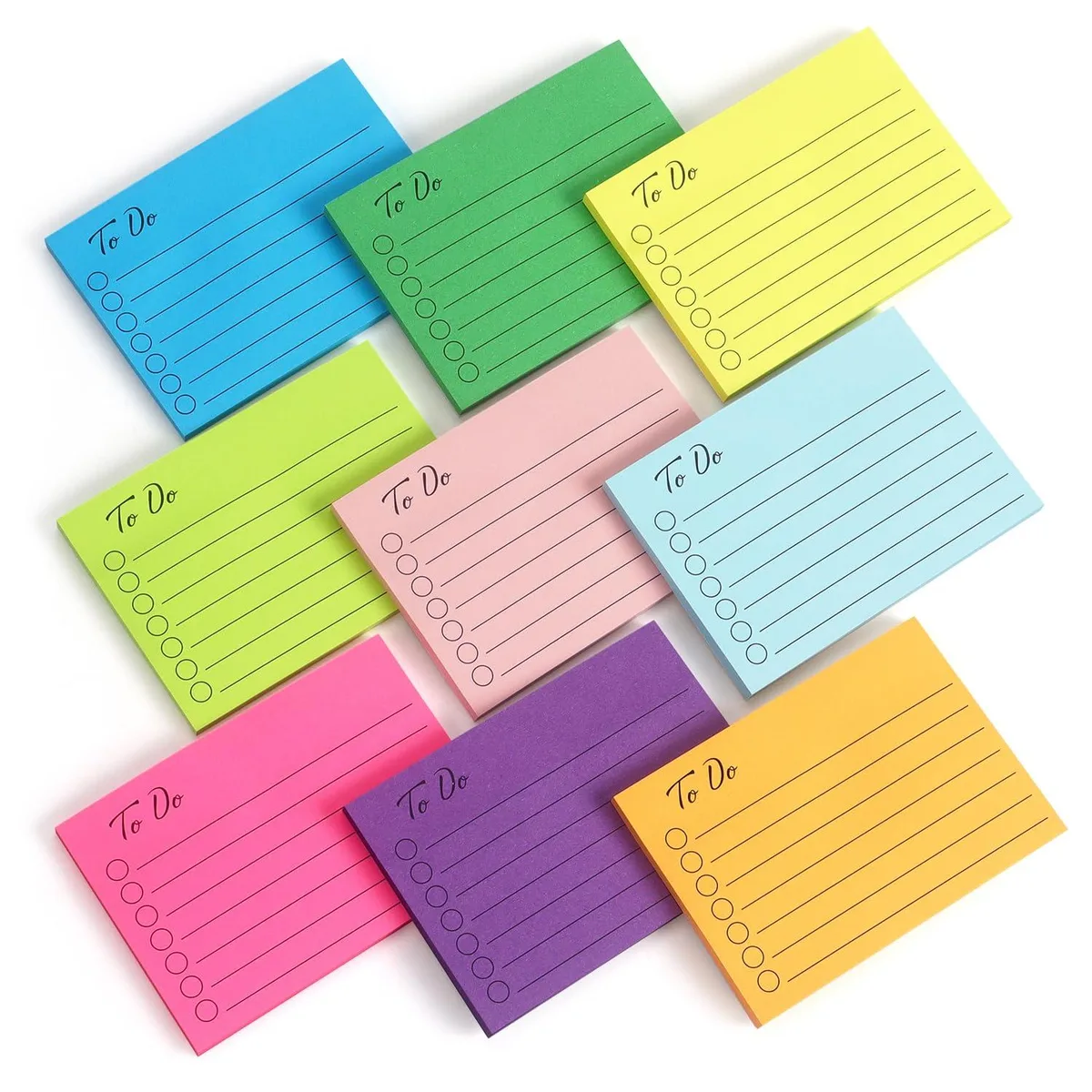 Nine rectangular lined sticky note pads in bright colours, 3 by 4 inches, 50 sheets each