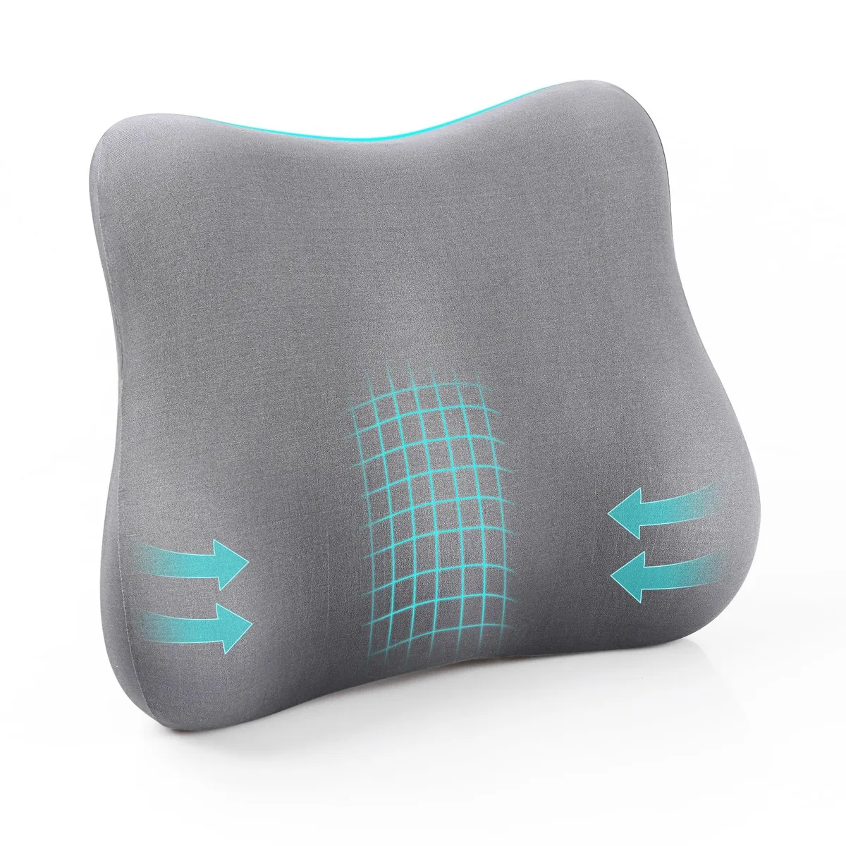 Small black lumbar support pillow with ergonomic shape and removable cover