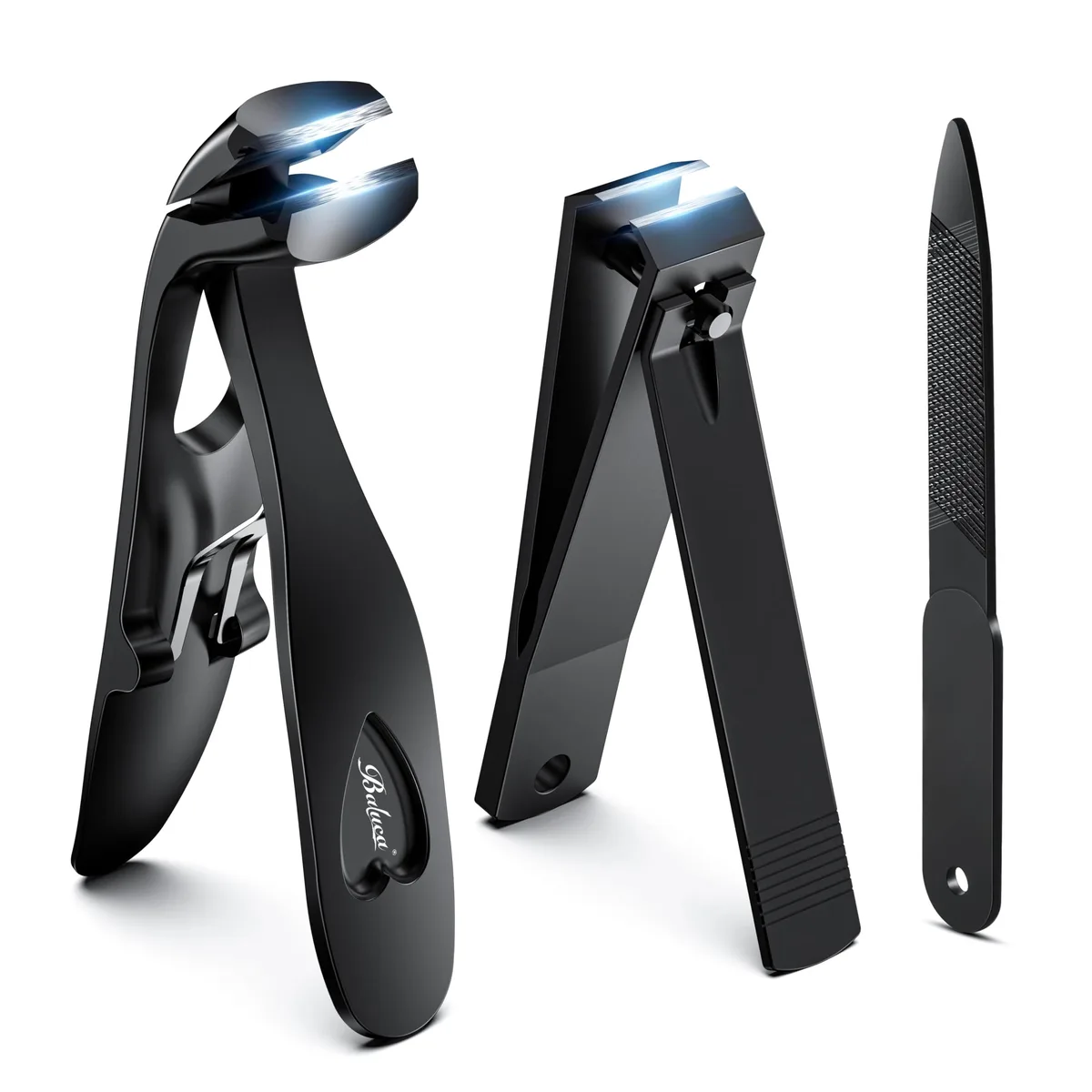 Three black stainless steel nail clippers and a metal file