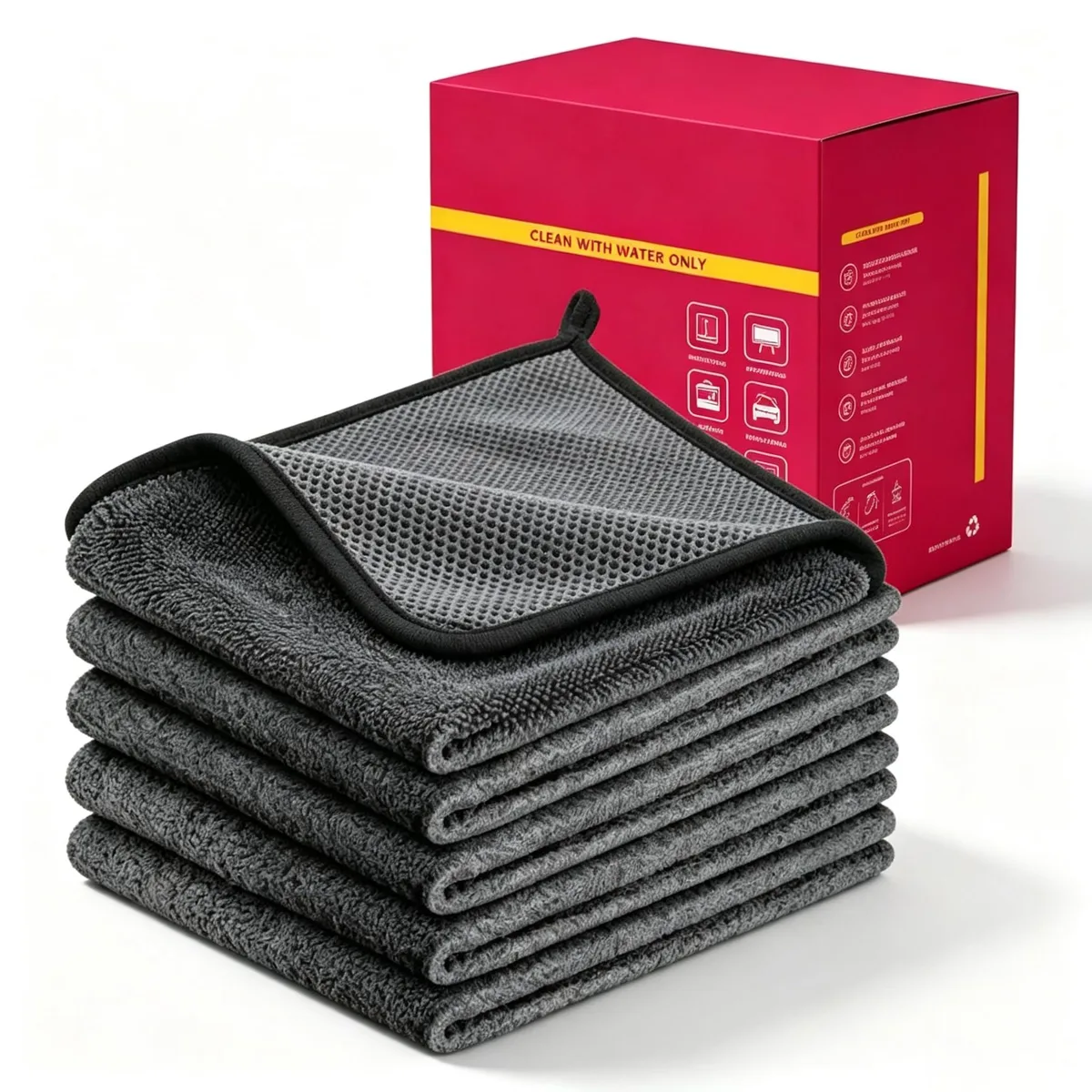 Five gray cleaning cloths stacked flat, thick microfiber texture visible