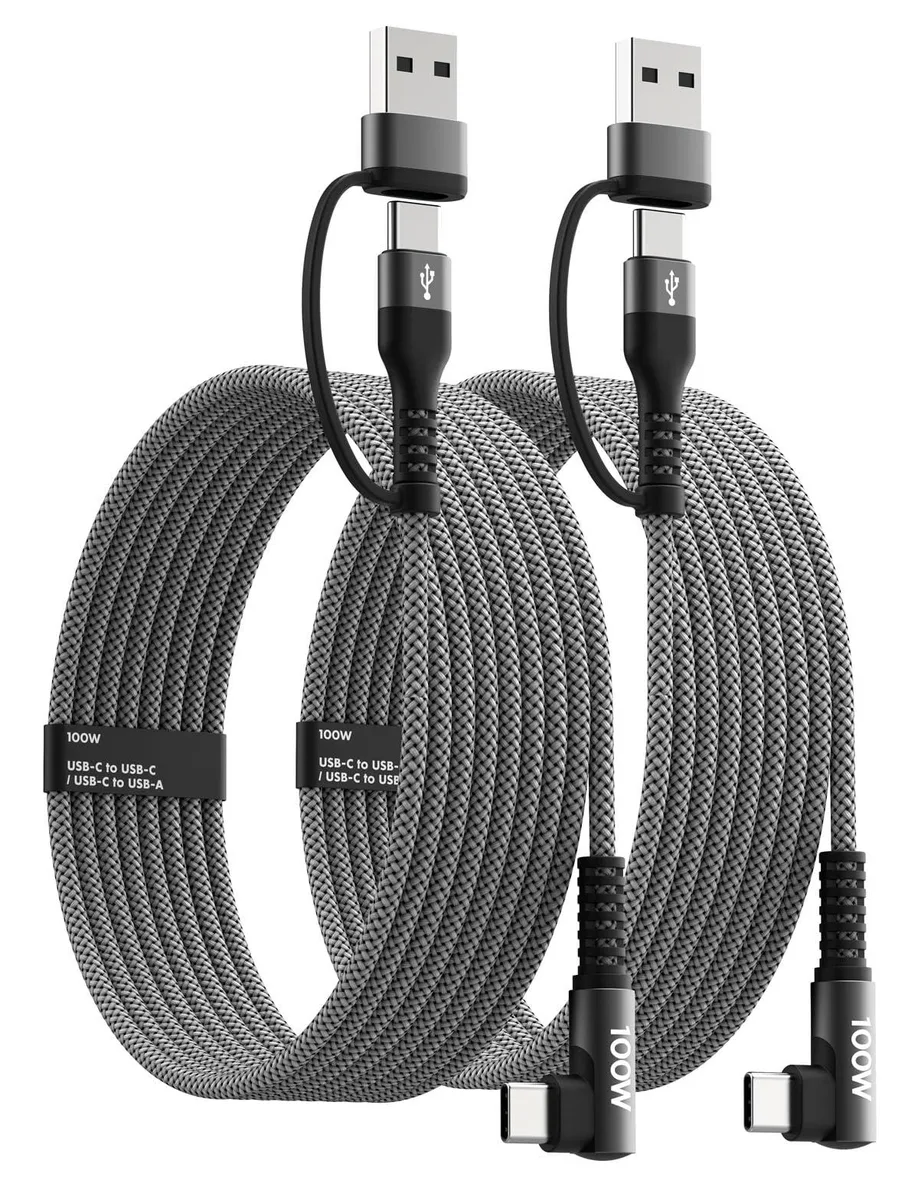 Two grey braided USB cables with right-angle USB-C tips and dual USB-A/USB-C ends