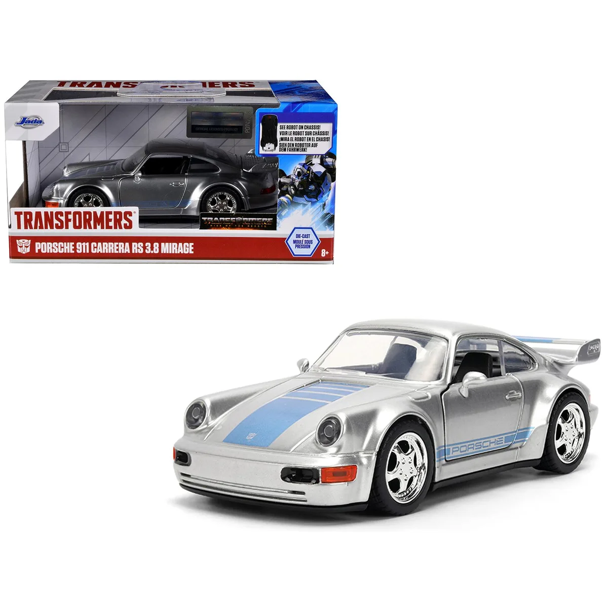 Jada Jada Porsche 911 Carrera RS 3.8 Mirage Silver Metallic Blue Transformers 2023 1/32 Diecast — product photo
