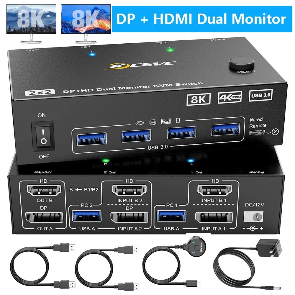 Hitoor Hitoor Dual Monitor KVM Switch 2 PC 8K@60Hz 4K@144Hz HDMI 2.1 DP 1.4 4 USB 3.0 Wired Remote — product photo