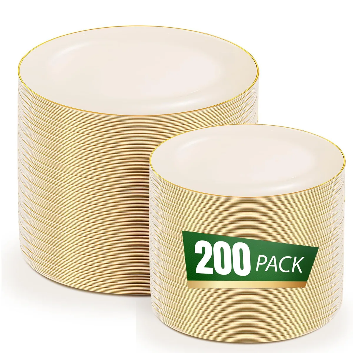 Rectangular ivory plastic plates with gold rim, 30-pack