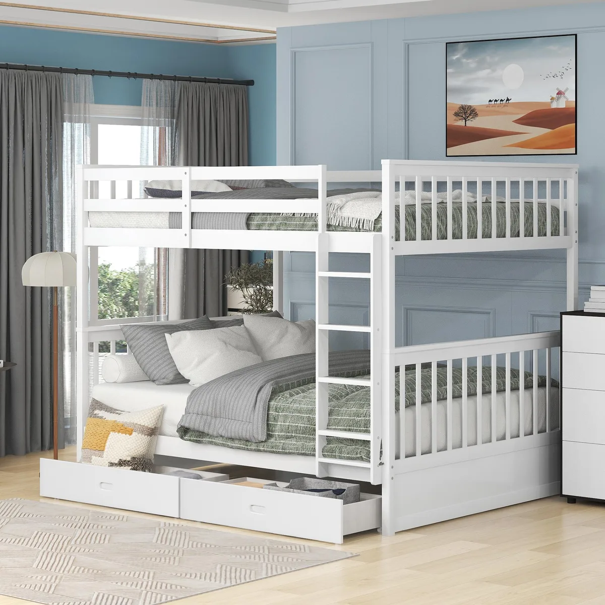White solid-wood bunk bed with ladders and two drawers