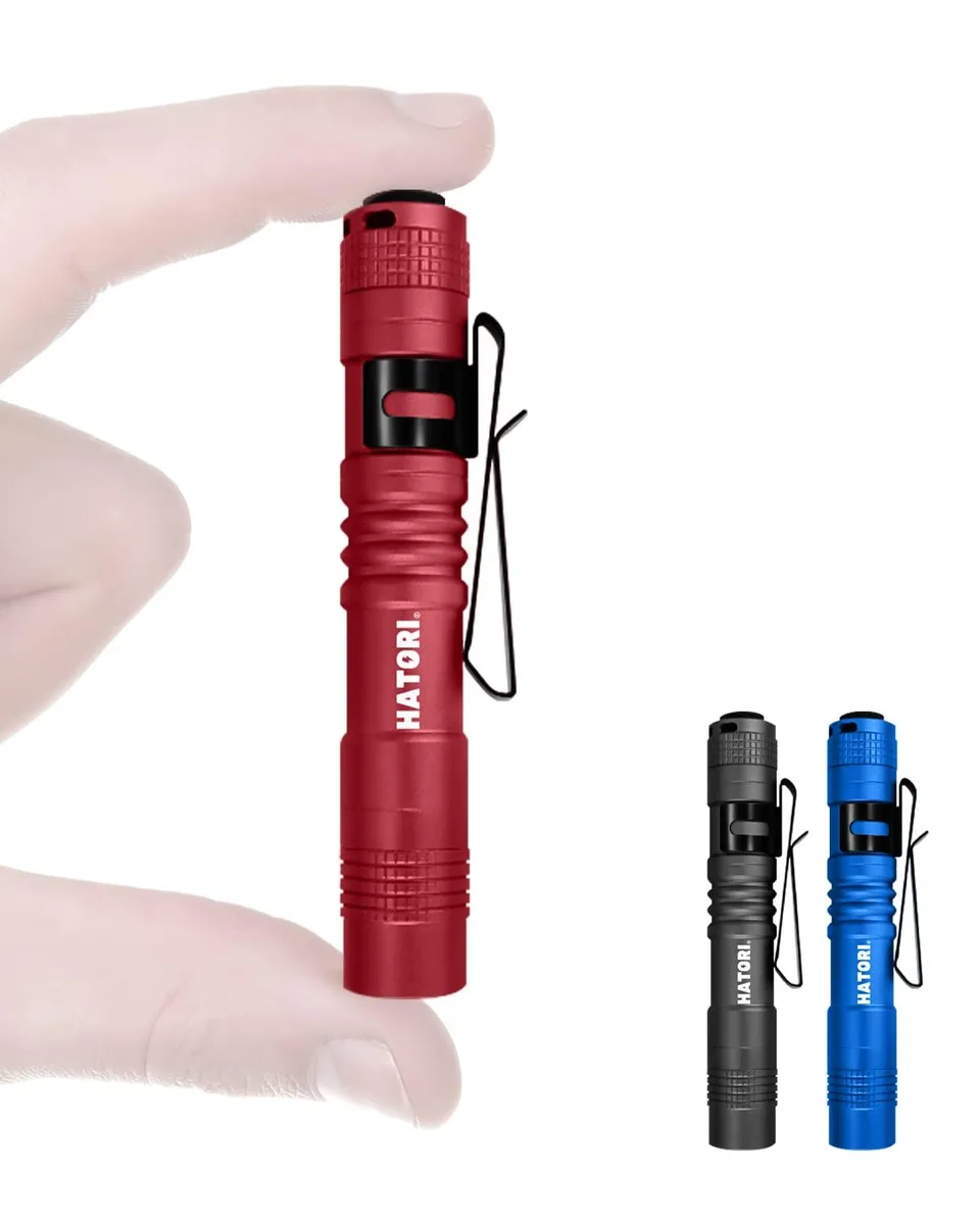 Black aluminium pen flashlight with pocket clip, 150 lumens