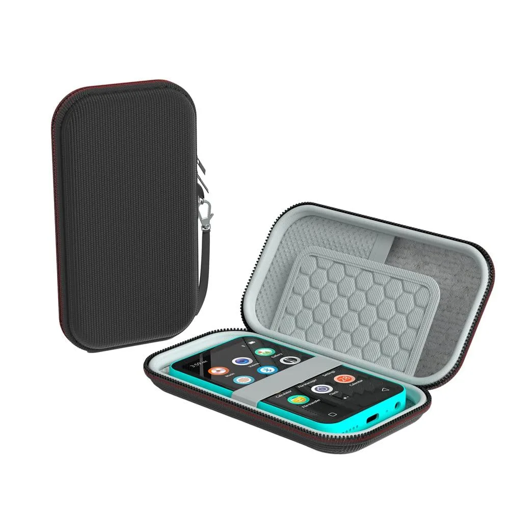 Black soft-shell carrying case with mesh pocket for 4-inch MP3 player and accessories